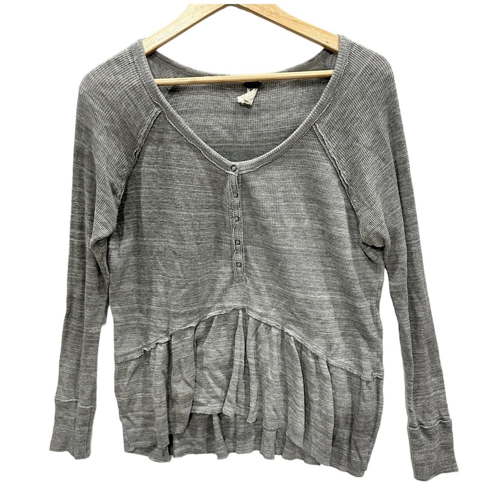 Free People We The Free Grey Thermal Henley Peplum Top Long Sleeve Cotton XS